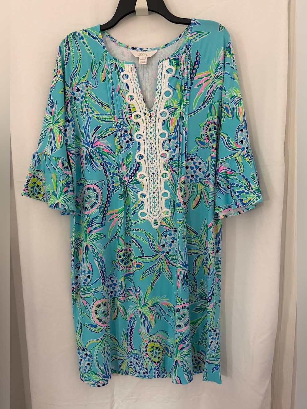 Lilly Pulitzer Turquoise Multicolor Floral Lace-Trim Midi Dress